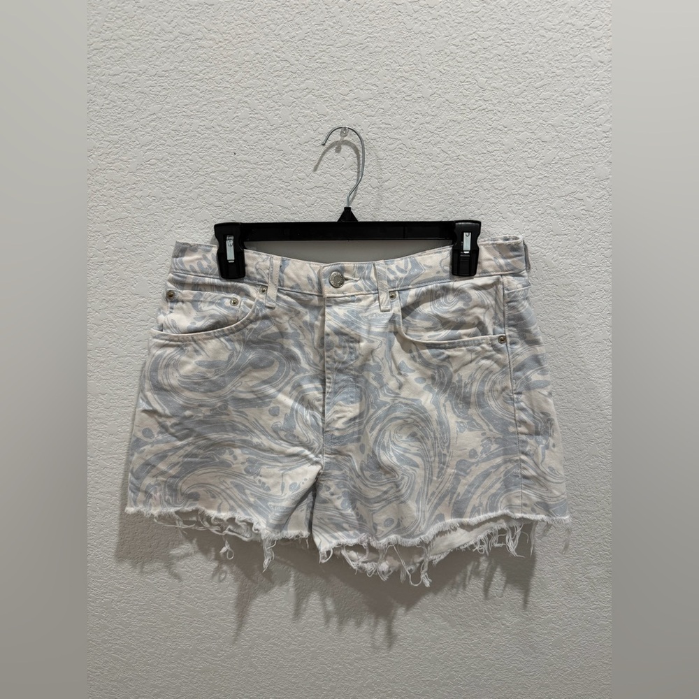 Zara blue white swirl cutoff denim high waisted shorts
